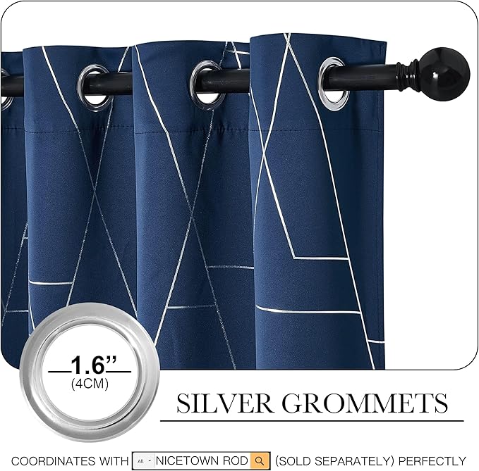 NICETOWN Blackout Curtain Panels 84 inches Long, Window Treatment Foil Printed Line Pattern Thermal Insulated Grommet Blackout Drapes for Living Room/Office/Guest Room (Navy, 1 Pair, 52 inches Wide) - Image 2
