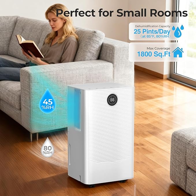 25 Pint Dehumidifier for Bedroom Bathroom Basement, 38dB Quiet, Precise Humidity Control, 3 Modes, Drain Hose & 0.53 Gal Water Tank, Small 1800 Sq.ft Dehumidifiers for Apartment RV Dorm - Image 2