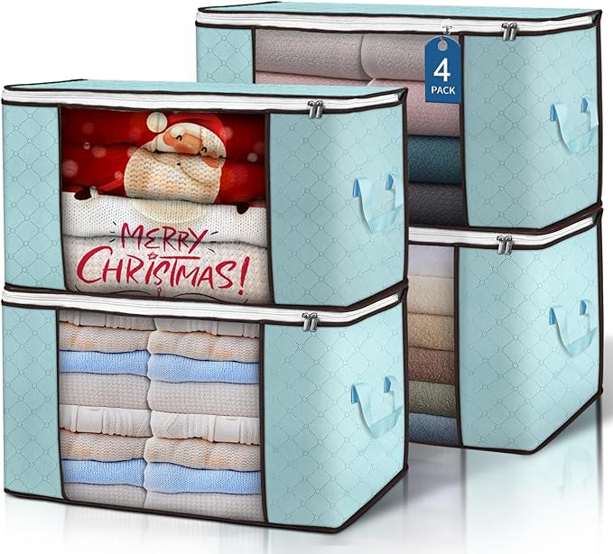 Budding Joy 90 L Large Storage Bags, 4 Pack Clothes Storage Bins Foldable Closet Organizer Storage Containers Storage and Organization for Clothes, Blanket, Comforters, Bed Sheets, Pillows (Blue) by BuddingJoy-BuildaJoyfulLifeforYou