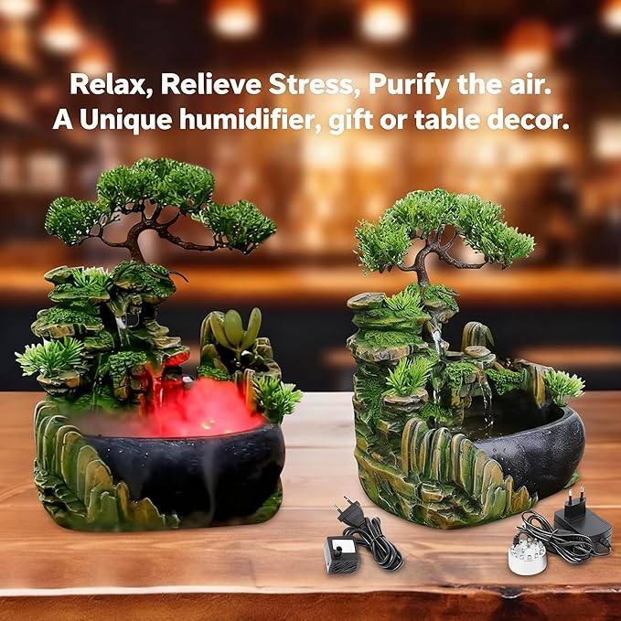 Tabletop Rockery Fountain Indoor Waterfall Bonsai Desktop Mini Rockery Water Fountain with Automatic Pump and LED Light, Home Office Bedroom Humidifier Desk Decorate (Style 1) - Image 2