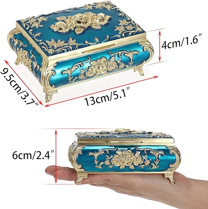 Hipiwe Metal Decorative Jewelry Box Vintage Treasure Chest Case Ornate Trinket Organizer Earrings Necklace Bracelet Storage Box Ring Holder Keepsake Box for Women - Image 6