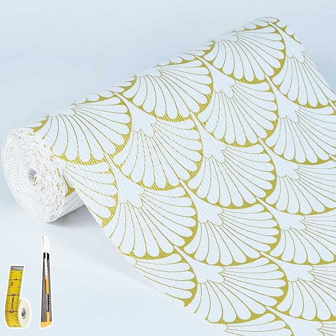 Shelf Liners Non Adhesive Gold Background White Fan-Shaped Pattern - Thickened Non-Slip Easy to Clean Drawer Liner for Kitchen Cabinets, Tool Box,Refrigerator,with Knife & Tape Measure,17in x 20FT. by Kimhan
