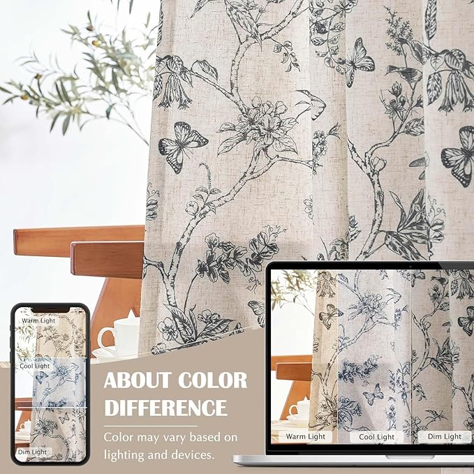 jinchan Floral Curtains Lined Linen Blend Curtain for Living Room 84 Inch Length Black Farmhouse Flower Patterned Curtain French Country Curtains Drapes Back Tab Rod Pocket 2 Panels - Image 5