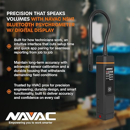 NAVAC NSH1 Bluetooth Psychrometer with Digital Display - HVAC Humidity & Temperature Diagnostics High Accuracy Sensor - One Button Operation, Easy Switch Knob, Rechargeable Battery - App Ready 7.8 oz - Image 6
