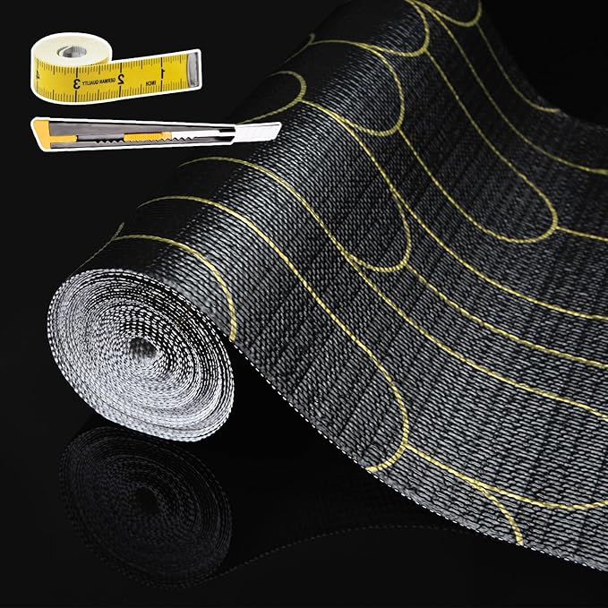 Shelf Liners for Kitchen Cabinets Drawer Liner 23.6in x 30FT Non Adhesive Black Gold Line Thickened Refrigerator Shelf Liner Paper Strong Easy to Clean for Tool Box with Knife and Tape Measure by Adwann