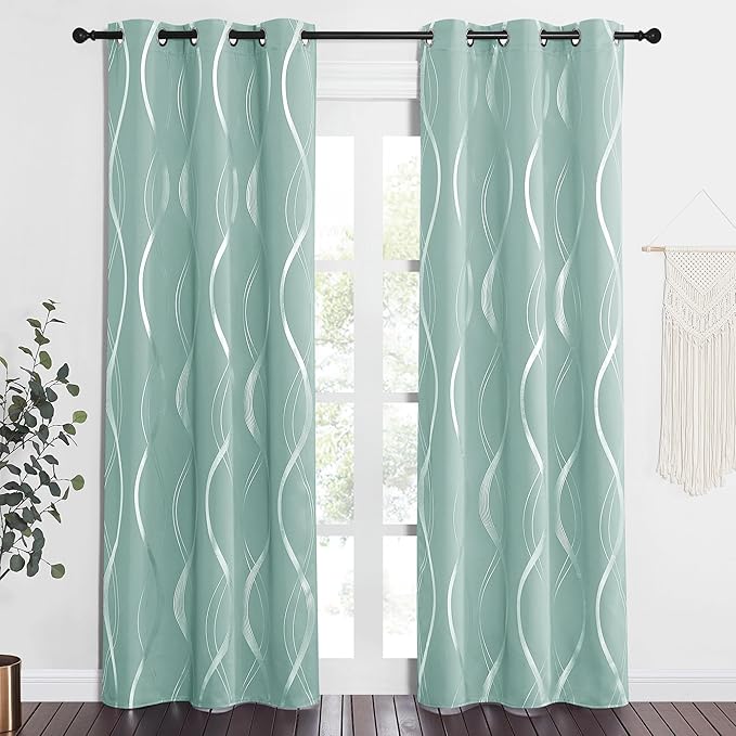 NICETOWN Aqua Blue Foil Print Curtains 90 inch Long for Patio, Wave Silver Line Pattern Drapes Contemporary Style for Elegant Home Decoration, W52 x L90 inch, 2 Panels - Image 3