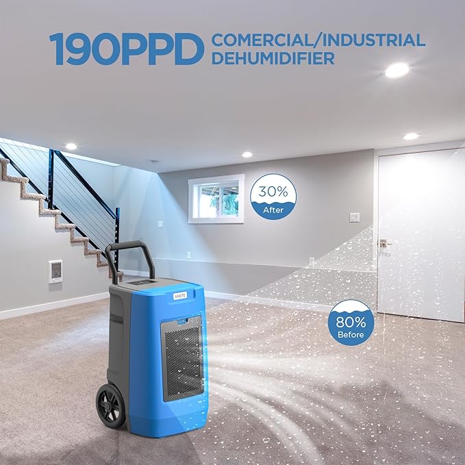 Andte 190 Pints Commercial Dehumidifier with Pump for 3,000 Sq. Ft. - Industrial-Grade Moisture Removal for Basements, Garages & Water Damage Restoration - Image 7
