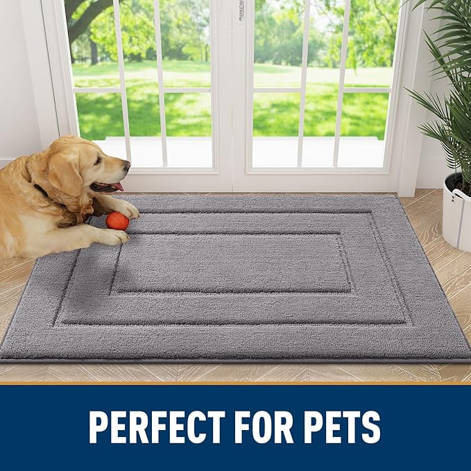 Smiry Dog Door Mat for Muddy Paws, Absorbs Moisture and Dirt, Low-Profile Entryway Mat with Non-Slip Backing, Entry Indoor Outdoor Doormat for Inside Floor (24x16 Inches, Grey, Bordered) - Image 7