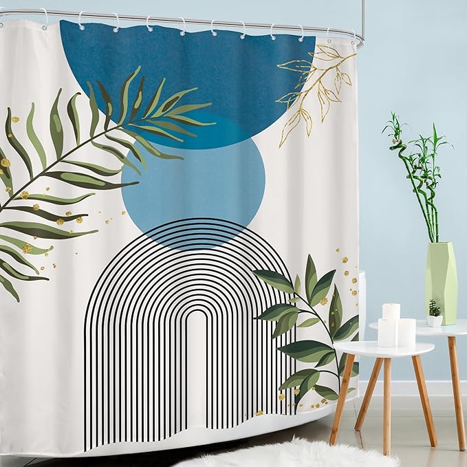 Blue Boho Modern Shower Curtain Mid Century Abstract Gold Green Leaves Sun Arch Minimalist Geometric Aesthetic Plant 60Wx72H Bathroom Decor Neutral Bath Curtain Fabric Polyester 12 Pack Hooks - Image 3
