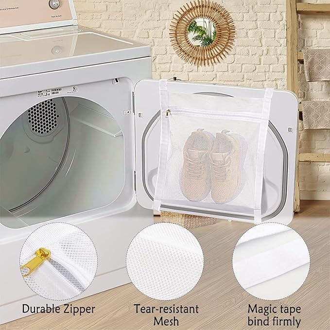 Sneaker Drying Bag, Shoe Dryer Mesh Bags, Sneaker Wash & Dry Net Bag for Dryer, Large HoneyComber Mesh Laundry Bags with Zipper and Strap for Most Dryers Door, 15.7"x13.8" (White & Grey) - Image 5