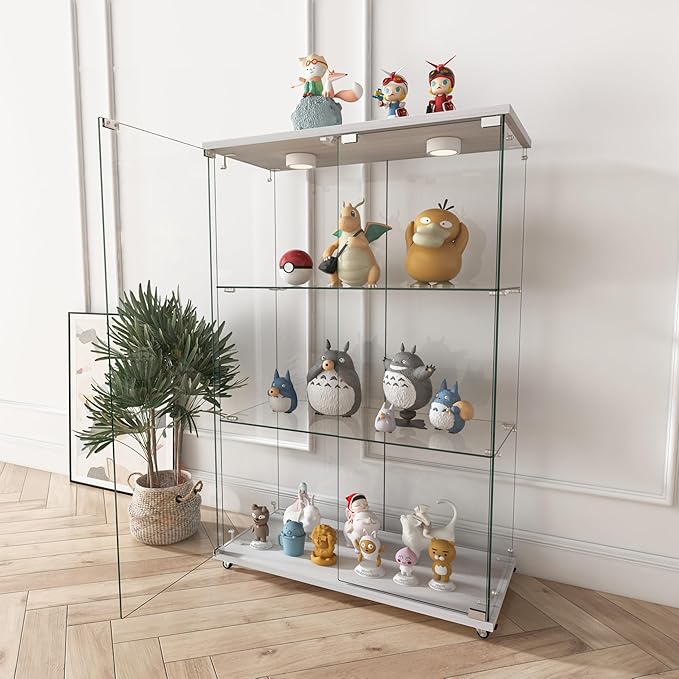 Yoluckea 3-Tier Glass Display Cabinet with LED Lighting, 2-Door Floor Standing Curio Cabinet with Universal Wheel for Home, Office, or Corner Display, White Glass Bookshelf for Collections and Decor - Image 8