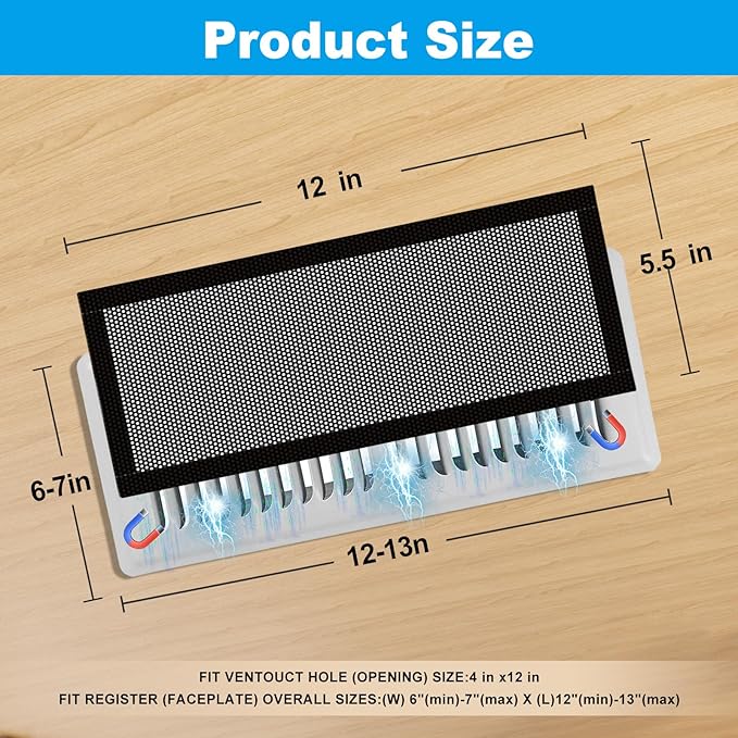 4 PCS Black Magnetic Vent Covers-5.5x12 Magnetic Air Vent Covers with Mesh Screen for Floor/Wall/Ceiling Registers-Easy to Install, Durable Design(Fits Registers 5"to7" Width x 12" to14"Length) - Image 2
