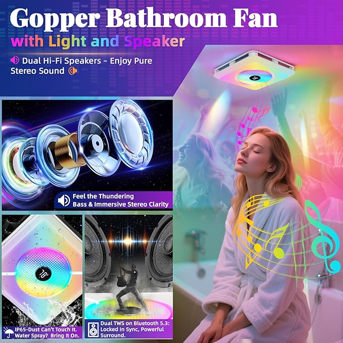 Bathroom Exhaust Fan with Speaker & Light Plug & Play, Dual Speakers, 230 CFM 1.0 Sone, 7 RGB Modes, 3000-6500K, Remote Bathroom, Laundry Room, Bedroom,Office - Image 3