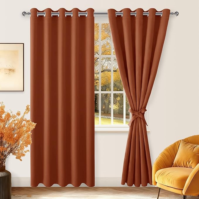 Hiasan Blackout Curtains for Bedroom, 60 x 84 Inches Long - Thermal Insulated & Light Blocking Window Curtains for Living Room/Kids Room Fall Decor, 2 Drape Panels Sewn with Tiebacks, Burnt Ochre - Image 2