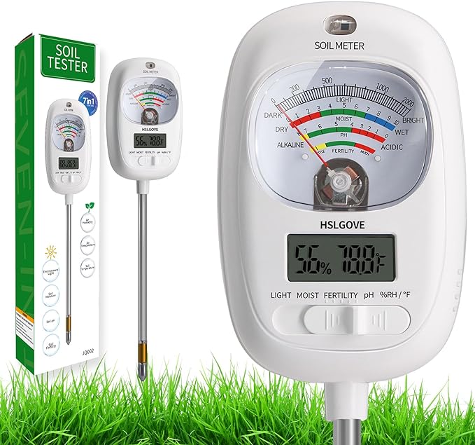 HSLGOVE Soil Test Kit, 7-in-One Soil Moisture Meter/Soil PH Meter/Fertility, Dual Screen Soil Tester w/Digital Soil Temp/Air Temp&Humidity for Plants Gardening,Lawn,Farm Indoor&Outdoor-Milk White by HSLGOVE