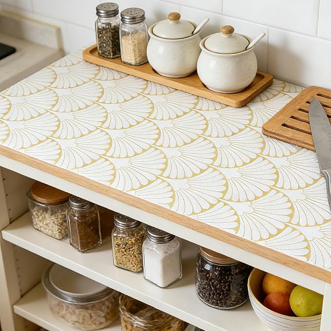 Shelf Liners Non Adhesive Gold Background White Fan-Shaped Pattern - Thickened Non-Slip Easy to Clean Drawer Liner for Kitchen Cabinets, Tool Box,Refrigerator,with Knife & Tape Measure,12in x 20FT. - Image 3
