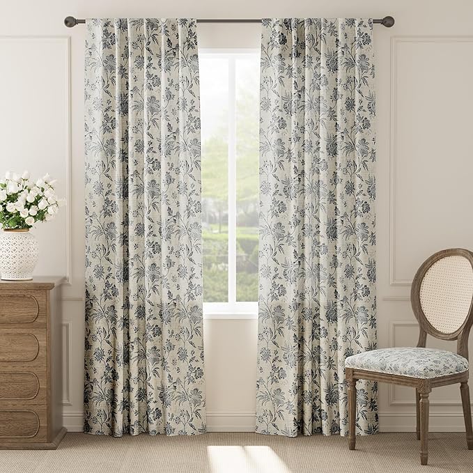 jinchan Linen Floral Curtains for Living Room with Printed Flower 84 Inches Long Light Filtering French Country Back Tab Rod Pocket Black Window Curtain Set Farmhouse Drapes 2 Panels Black - Image 2