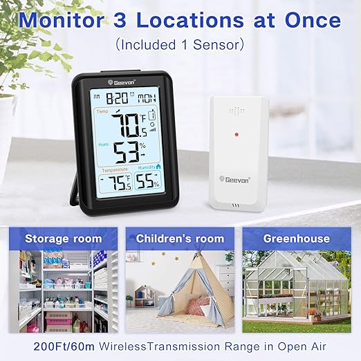 Geevon Indoor Outdoor Thermometer for Seniors – Digital Temperature & Humidity Monitor with Alarm Clock, 3.8" Large Display, Backlight, 3 Channels, Battery Operated for Home, Bedroom, Greenhouse - Image 4