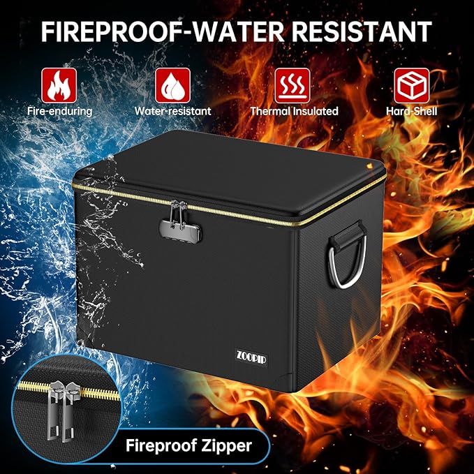 Fireproof Document Box,Hard Case File Organizer with Fireproof Zipper&Threads,Non-Foldable Filing Cabinet with Lock, Portable Office Safe Box Storage for Hanging Letter Folder,Valuables,Black - Image 2