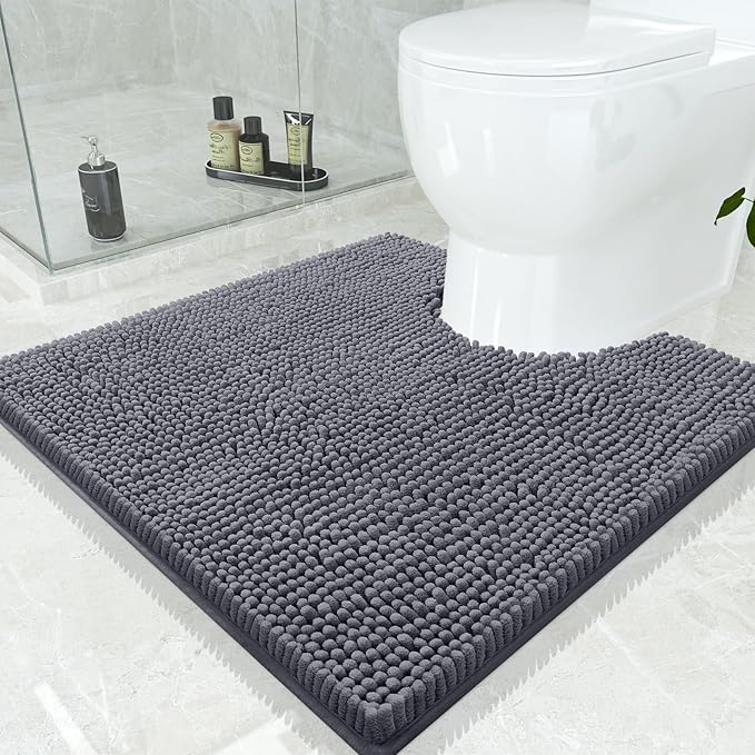 Smiry Luxury Chenille Toilet Rugs U-Shaped 24x24, Soft Absorbent Non-Slip Contour Bathroom Rugs for Toilet, Machine Washable Contoured Bath Mats, Charcoal Grey by Smiry