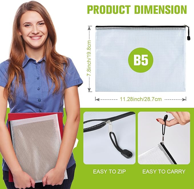 Mesh Zipper Pouch, 6PCS Waterproof Plastic Mesh ZipperBag, B5 Size Tear-Resistant Document Pouch, Extra Large Zip File Bags, for School Office Supplies Home Travel Storage(11.26×7.9 Inch) - Image 2