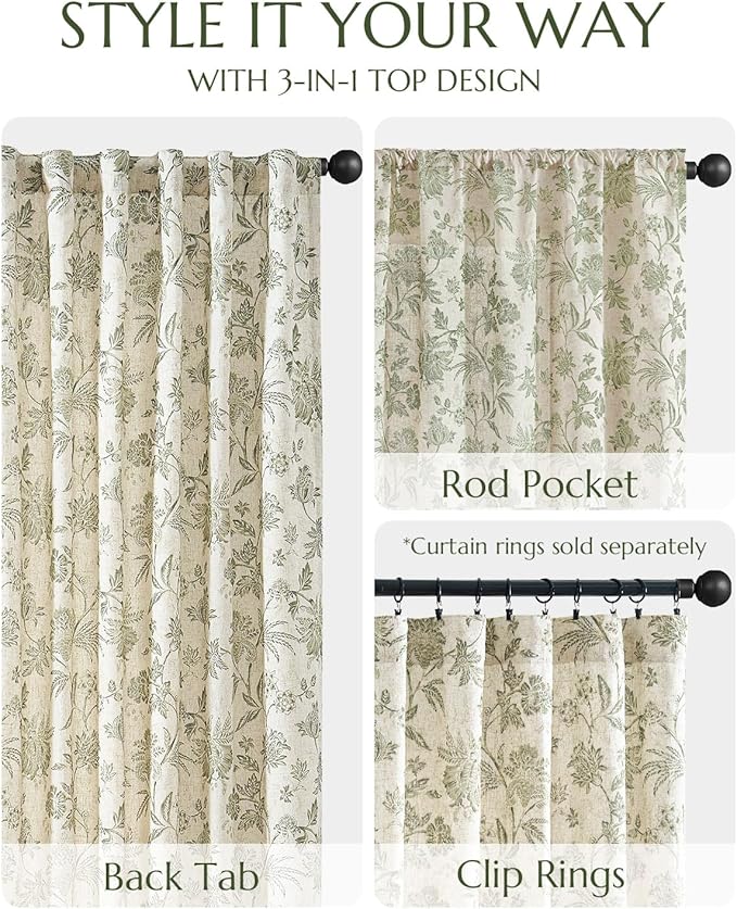 jinchan Lined Linen Floral Curtains for Living Room, 63 Inch Length Printed Flower Farmhouse Patterned French Country Back Tab Green Window Drapes Set Privacy Bedroom Curtains, 2 Panels - Image 5
