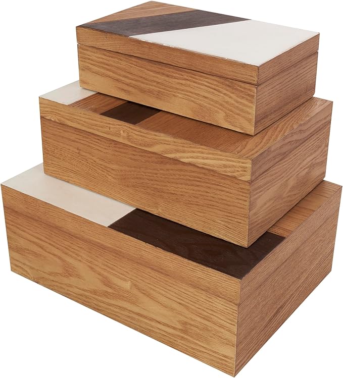 Deco 79 Wooden Geometric Decorative Box Decorative Keepsake Boxes with Cream and Dark Brown Stripes, Set of 3 Storage Boxes 14", 12", 10"W, Brown - Image 4