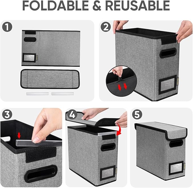 BALEINE File Organizer Box with Lid, Collapsible File Folder Organizer with Plastic Slide, Hanging File Folder Box for Office Document Storage (1 Pack, Grey, S) - Image 8