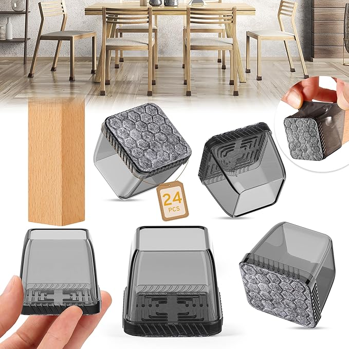 24PCS Square Chair Leg Floor Protectors, Furniture Sliders, Chair Leg Protectors for Hardwood Floors, Non-Slip Felt Furniture Pads, Silicone Cap Covers to Protect Floors, (Fit 1.1" - 1.5") by Indemo