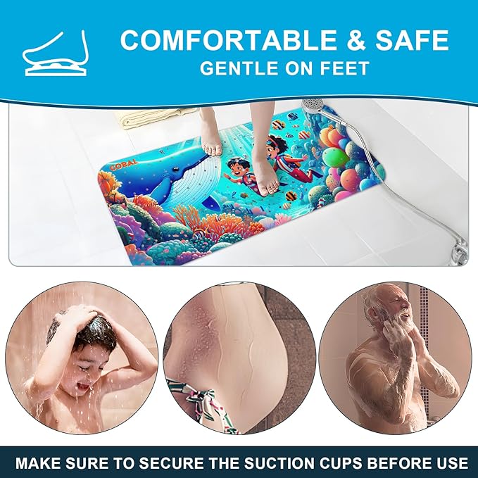 XIYUNTE Baby Bath Mat for Tub Non Slip Kids Bath Mat - 40''x16'' Extra Long Cartoon Coral Baby Bath Tub Mat Eco-Friendly Toddler Bath Mats with Suction Cups & Drain Holes Easy to Clean & Easy Drying - Image 4