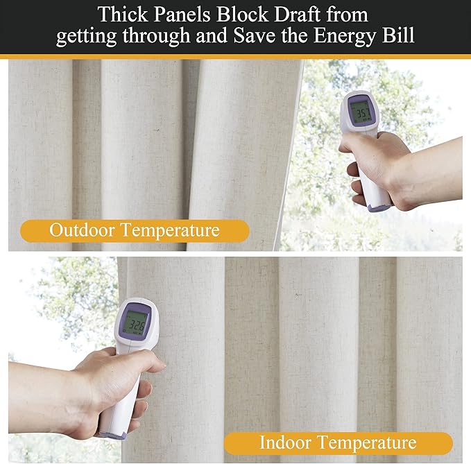 RYB HOME 100% Blackout Curtains Natural Linen Blended, Thermal Insulated Room Darkening Window Treatment with White Liner Classy Home Decor for Living Room Nursery, Natural, W52 x L95 inch, 2 Panels - Image 3