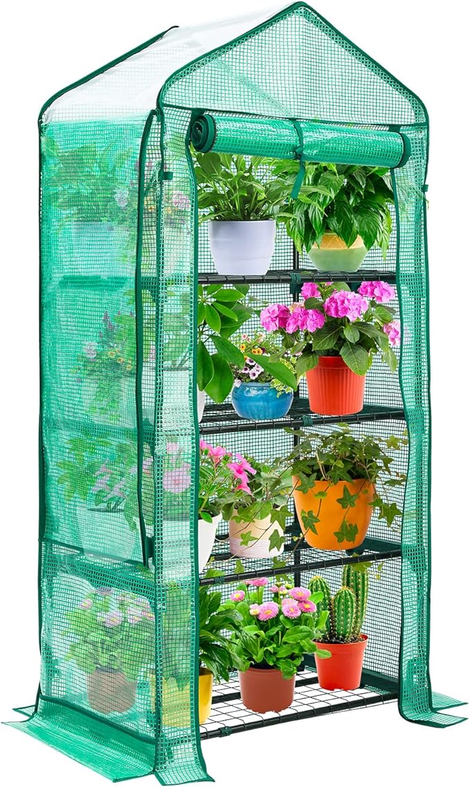 Mini Greenhouse with Screen Roof, Ohuhu Upgraded Portable 4 Tier Small Greenhouses for Outdoors Indoor with Reelable Door, Heavy Duty Plastic Green House for Outside Garden Patio Yard Porch Balcony by Ohuhu