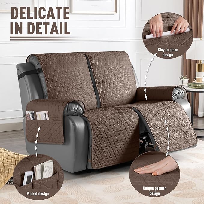 TAOCOCO 100% Waterproof Recliner Cover, Non-Slip Washable Reclining Couch Cover with Elastic Leg Straps, Furniture Protector for Dogs (Brown, 2 Seater) - Image 6