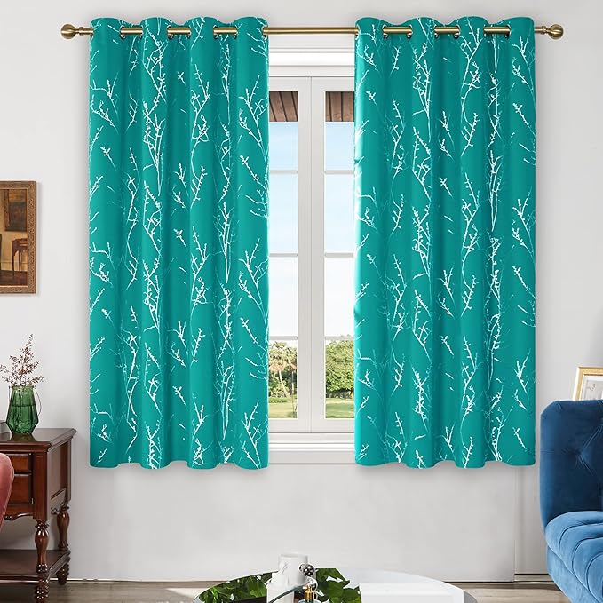 Deconovo Blackout Curtains, Thermal Insulated Soundproof Drapes with Tree Foil Print, 52 x 63 Inch, Set of 2, Machine Washable Window Curtain for Bedroom Living Room Nursery Kitchen Office, Turquoise - Image 2