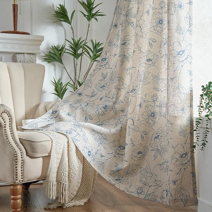 jinchan Floral Linen Curtains for Living Room 84 Inch Length Blue Flower Curtain Rod Pocket Back Tab Farmhouse Curtains with Printed Floral Bedroom Window Curtain Set, 2 Panels Blue - Image 8