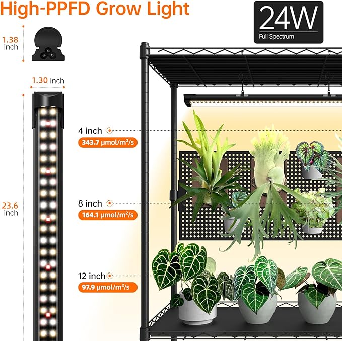 Bstrip Plant Cabinet with Pegboard, 3 Tier Plant Shelf with Grow Light, Metal Plant Stand with 4 Pack 96W Grow Lights for Indoor Plant, Foliage Plants, Seed Starting, 29.5"x13.8"x59" - Image 7