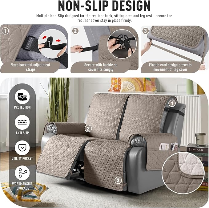 TAOCOCO 100% Waterproof Recliner Cover, Non-Slip Washable Reclining Couch Cover with Elastic Leg Straps, Furniture Protector for Dogs (Taupe, 2 Seater) - Image 5