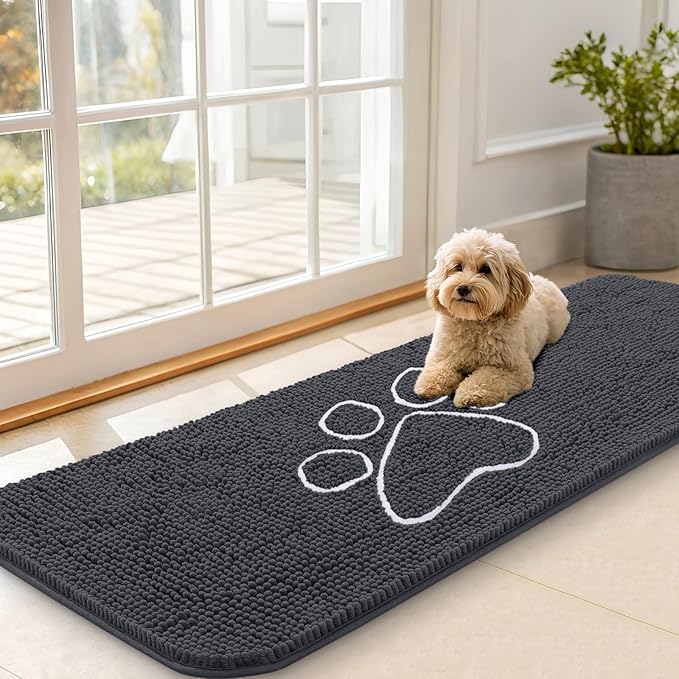 OLANLY Dog Door Mat for Muddy Paws 59x20, Paw Print Design, Absorbs Moisture and Dirt, Absorbent Non-Slip Washable Doormat, Quick Dry Chenille Mud Mat for Dogs, Entry Indoor Entryway Carpet, Dark Grey by OLANLY
