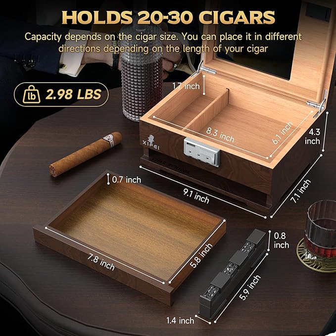 XIFEI Cigar Humidor, Glass Top Humidor Box with Digital Hygrometer, Humidifier, Accessories Drawer, Divider, Cedar Wood Desktop Humidors Case with Combination Lock, Gift for Cigar Lovers (Walnut) - Image 3