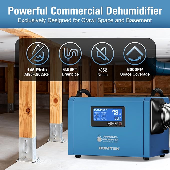 145 Pints Commercial Dehumidifier for Large Basements & Crawl Spaces up to 6500 Sq.Ft, Industrial Dehumidifiers for Water Damage Restoration, Auto Defrost, Continuous Drain Hose, Blue-2PC - Image 7