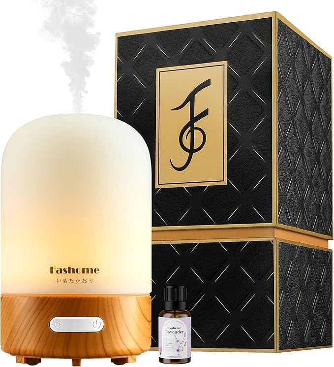 Essential Oil Diffuser Hand Blown Glass, 100ml Small Aromatherapy Diffuser, Auto Shut-Off Function, Ultrasonic Diffusers for Essential Oils, Cool Mist Humidifier with Warm White Lights（White） by Fashome