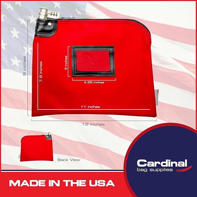 Heavy-Duty Money Bag with Lock – 9" x 12" Water-Repellent Laminated Nylon Bank Deposit Bag with Combination & Keyed Security for Cash, ID Window, Made in USA (Red) - Image 2