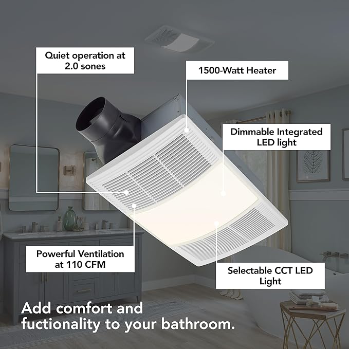 Broan-NuTone BHFLED110 PowerHeat Bathroom Exhaust Fan, Heater, and LED Light Combination, 110 CFM - Image 2