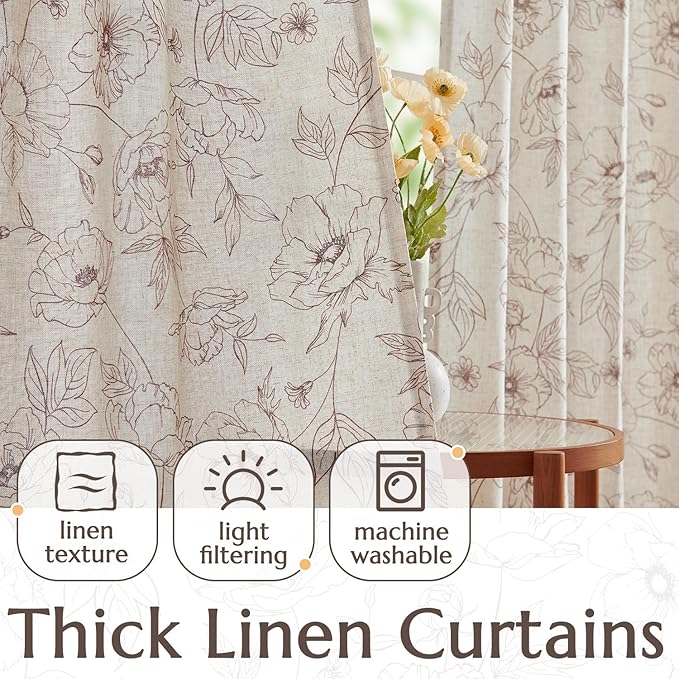 jinchan Floral Linen Curtains for Living Room 63 Inch Length Brown Flower Curtain Rod Pocket Back Tab Farmhouse Curtains with Printed Floral Bedroom Window Curtain Set, 2 Panels Brown - Image 4