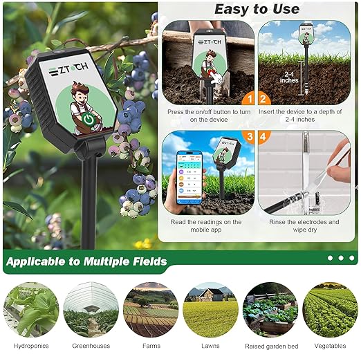 Bluetooth Soil pH EC Tester, Smart Plant pH Fertility Meter, 8 in 1 pH EC Fertility Temp Salt Moisture Light Intensity Air Humidity Monitor for Blueberry, Garden, Lawn, Raised Garden Beds - Image 6