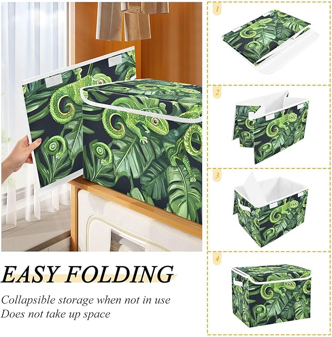 xigua Green Chameleons Storage Bins with Lids and Carrying Handle,Foldable Storage Boxes Organizer Containers Baskets Cube with Cover for Home Bedroom Closet Office Nursery - Image 4