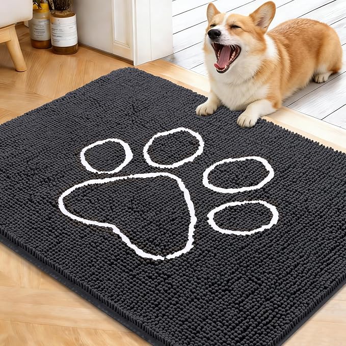 OLANLY Dog Door Mat for Muddy Paws 40x32, Paw Print Design, Absorbs Moisture and Dirt, Absorbent Non-Slip Washable Doormat, Quick Dry Chenille Mud Mat for Dogs, Entry Indoor Entryway Carpet, Dark Grey by OLANLY