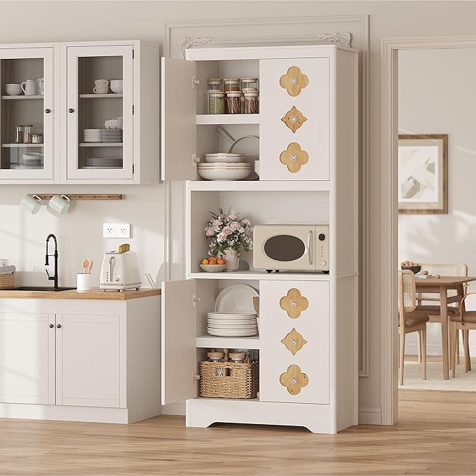 Garvee 72" Tall Pantry Cabinet, Kitchen Hutch Storage Cabinet with Countertop for Microwave, Freestanding Wooden Cupboard with Carved Door & Crystal Handle, for Dining Room, Living Room, Antique White - Image 8