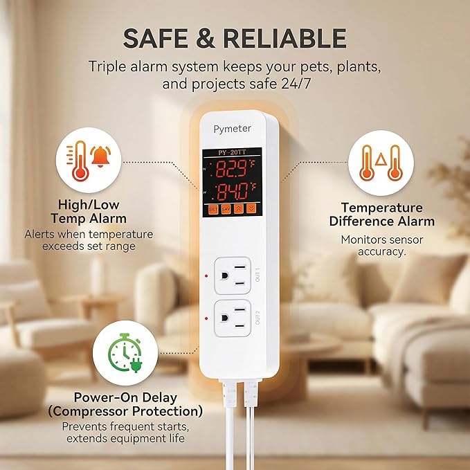 2 in 1 Digital Temperature Controller Dual Outlet Heat Mat Thermostat Reptile Greenhouse Heater Home Brewing Freezer Cooling Heating Pad Control 16A 1920W - Image 8