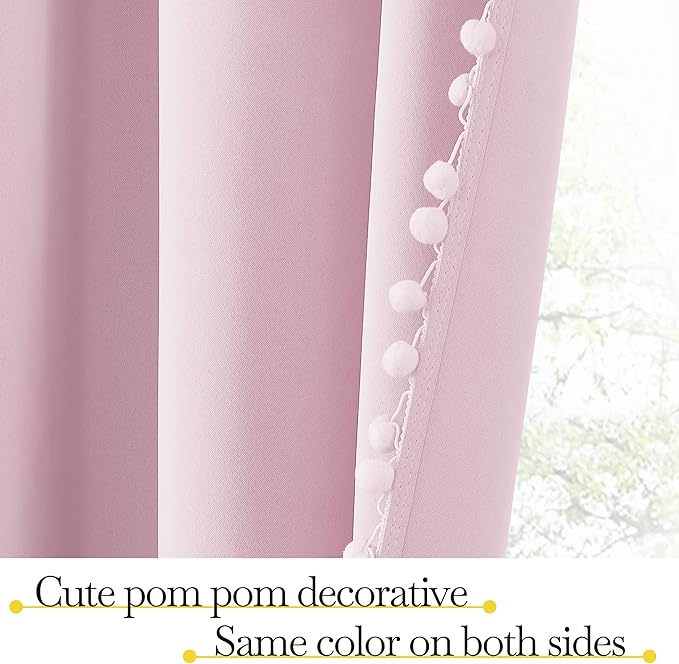NICETOWN Pom Pom Blackout Curtains for Girls Bedroom Boho Pink Window Curtains for Nursery Rod Pocket Thermal Insulated Living Room Darkening Curtain Panels for Play Room, 52" W x 84" L, 2 Panels - Image 4